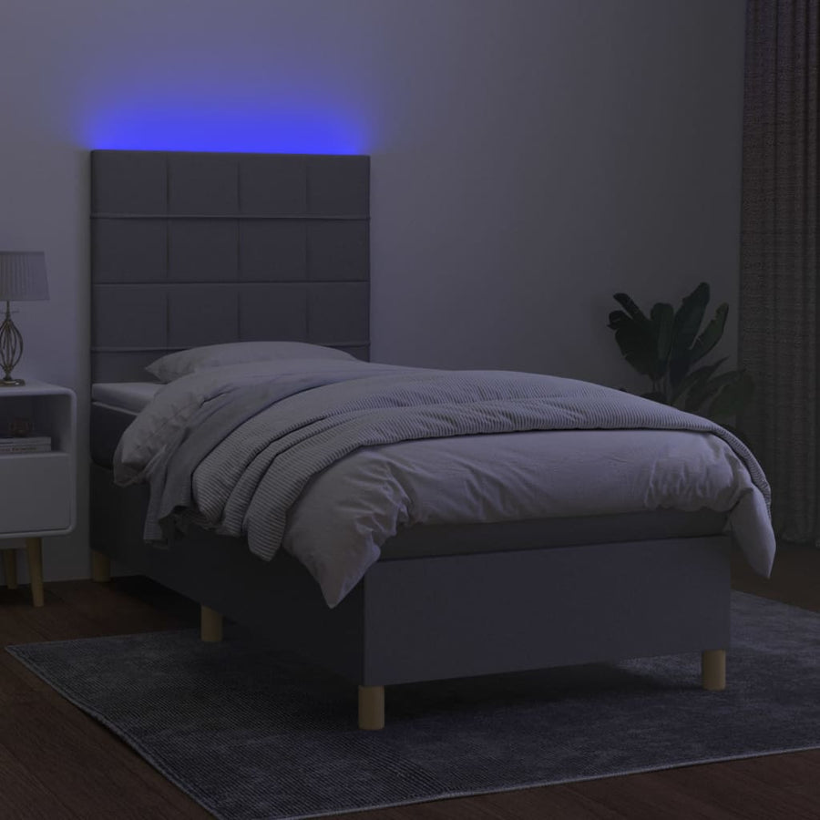 Boxspring Met Matras En Led Stof Lichtgrijs 90 x 200 cm Blok met vierkanten
