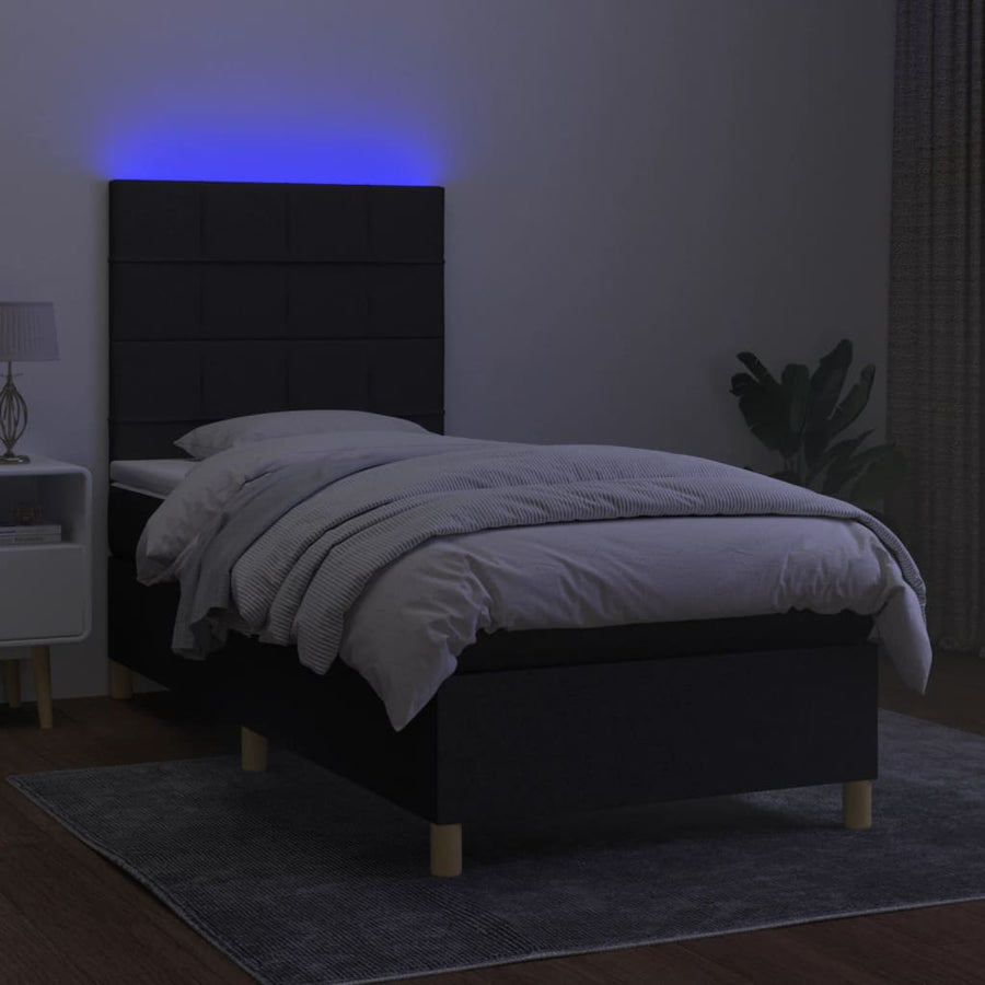 Boxspring Met Matras En Led Stof Zwart 90 x 200 cm Blok met vierkanten