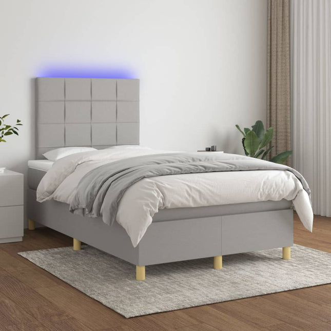 Boxspring Met Matras En Led Stof Lichtgrijs 120 x 200 cm Blok met vierkanten