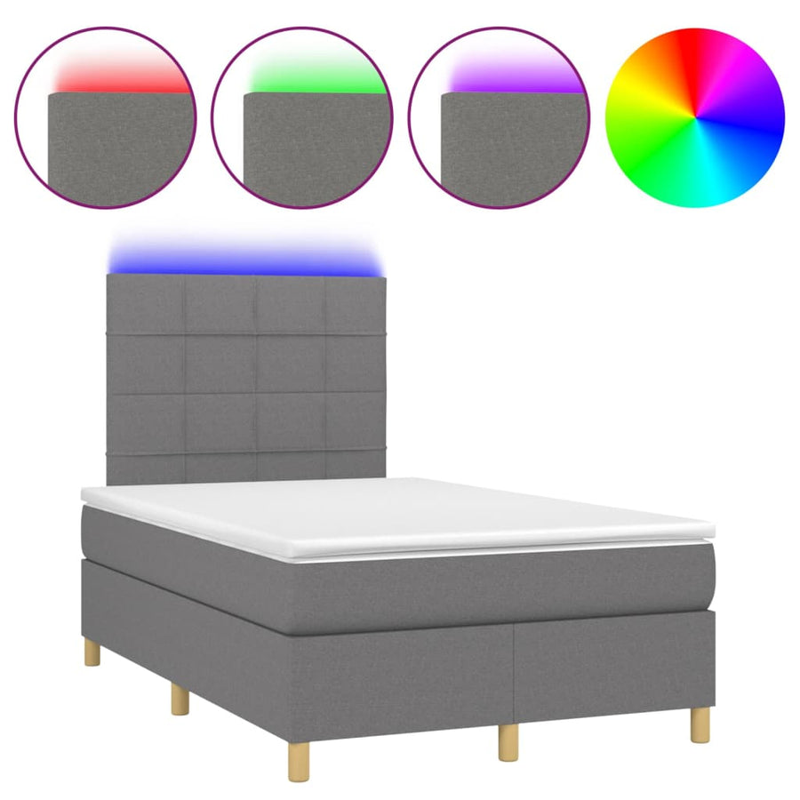 Boxspring Met Matras En Led Stof Donkergrijs 120 x 200 cm Blok met vierkanten