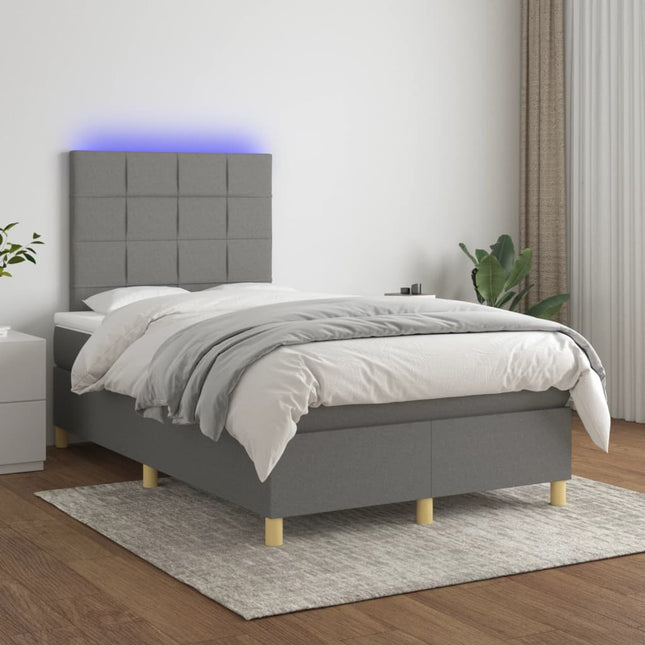 Boxspring Met Matras En Led Stof Donkergrijs 120 x 200 cm Blok met vierkanten