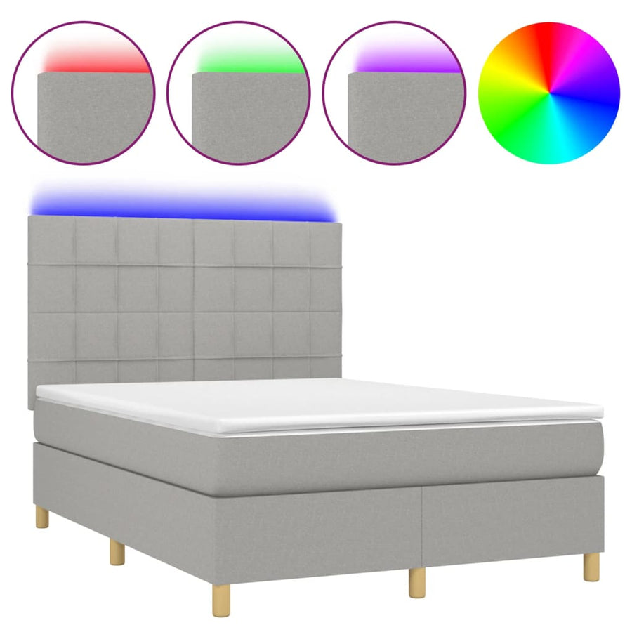 Boxspring Met Matras En Led Stof Lichtgrijs 140 x 190 cm Blok met vierkanten