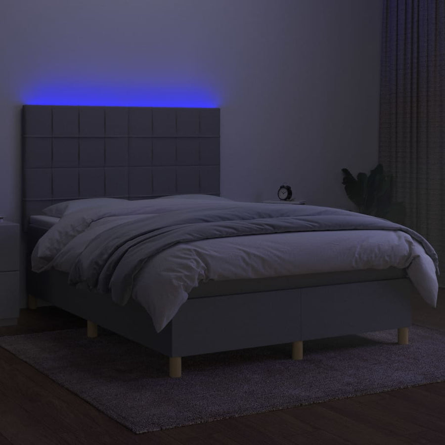 Boxspring Met Matras En Led Stof Lichtgrijs 140 x 190 cm Blok met vierkanten