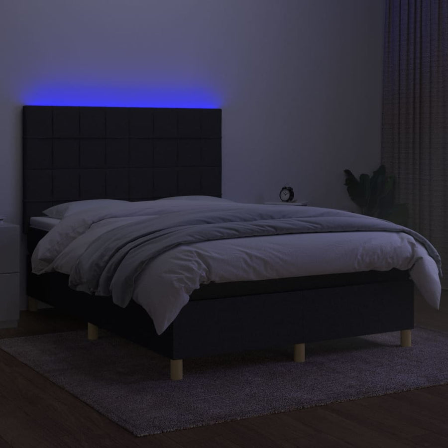 Boxspring Met Matras En Led Stof Zwart 140 x 190 cm Blok met vierkanten