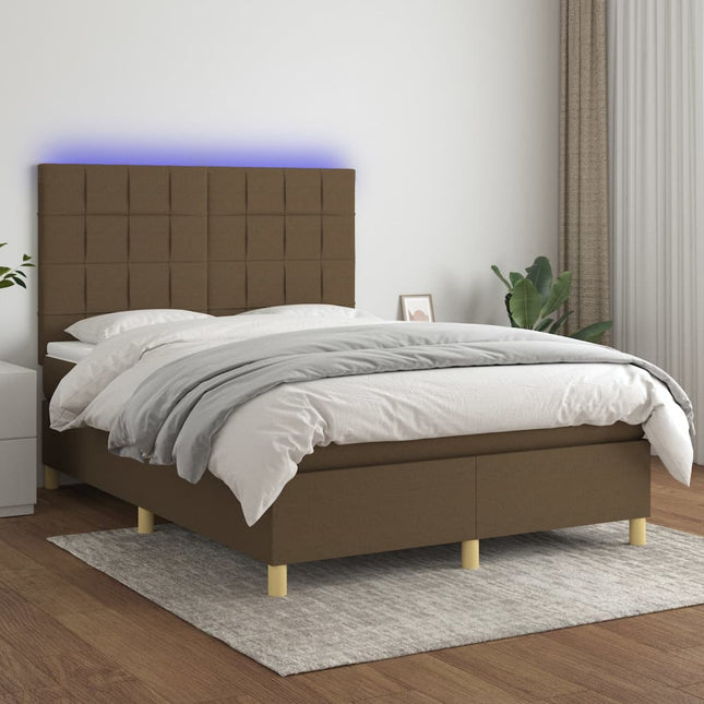 Boxspring met matras en LED stof donkerbruin 140x190 cm 140 x 190 cm Blok met vierkanten