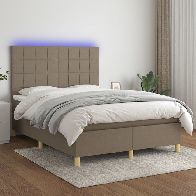 Boxspring met matras en LED stof taupe 140x190 cm 140 x 190 cm Blok met vierkanten