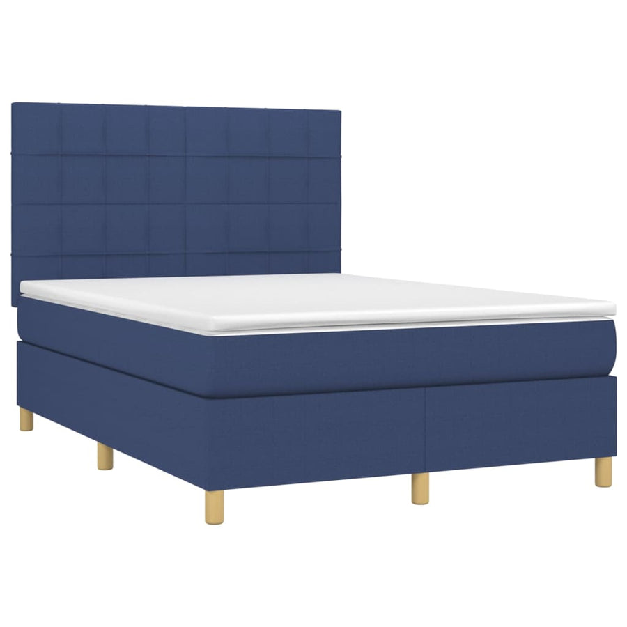 Boxspring Met Matras En Led Stof Blauw 140 x 190 cm Blok met vierkanten