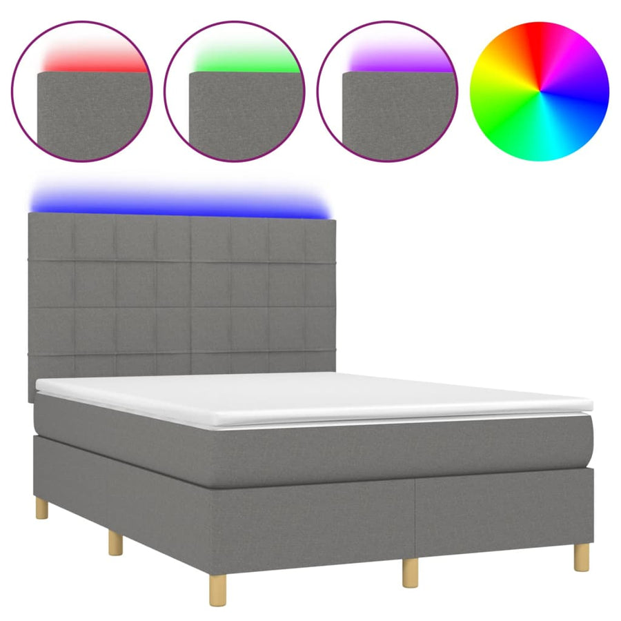 Boxspring Met Matras En Led Stof Donkergrijs 140 x 200 cm Blok met vierkanten