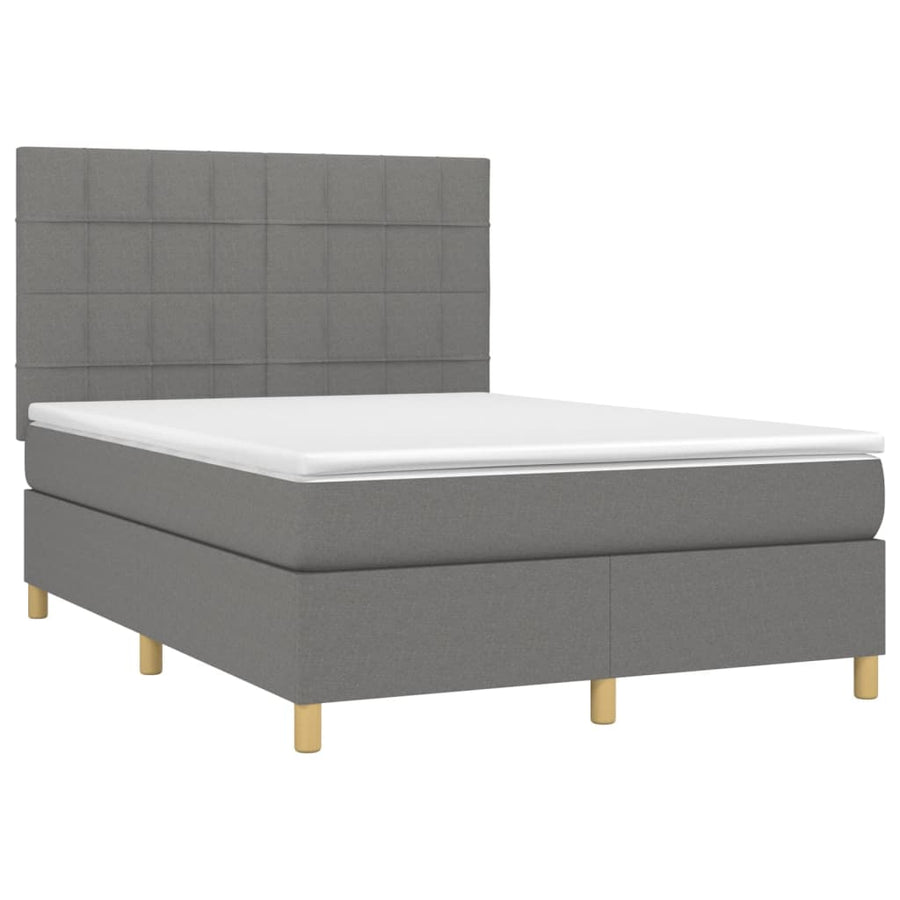 Boxspring Met Matras En Led Stof Donkergrijs 140 x 200 cm Blok met vierkanten