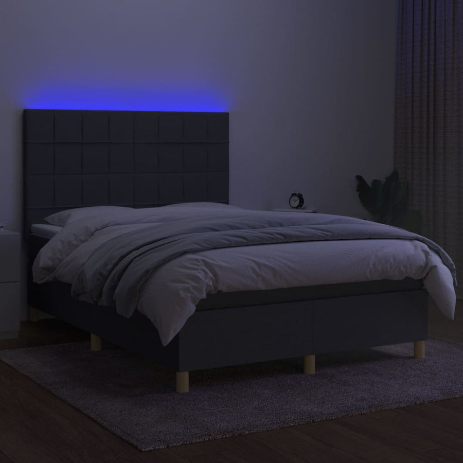 Boxspring Met Matras En Led Stof Donkergrijs 140 x 200 cm Blok met vierkanten