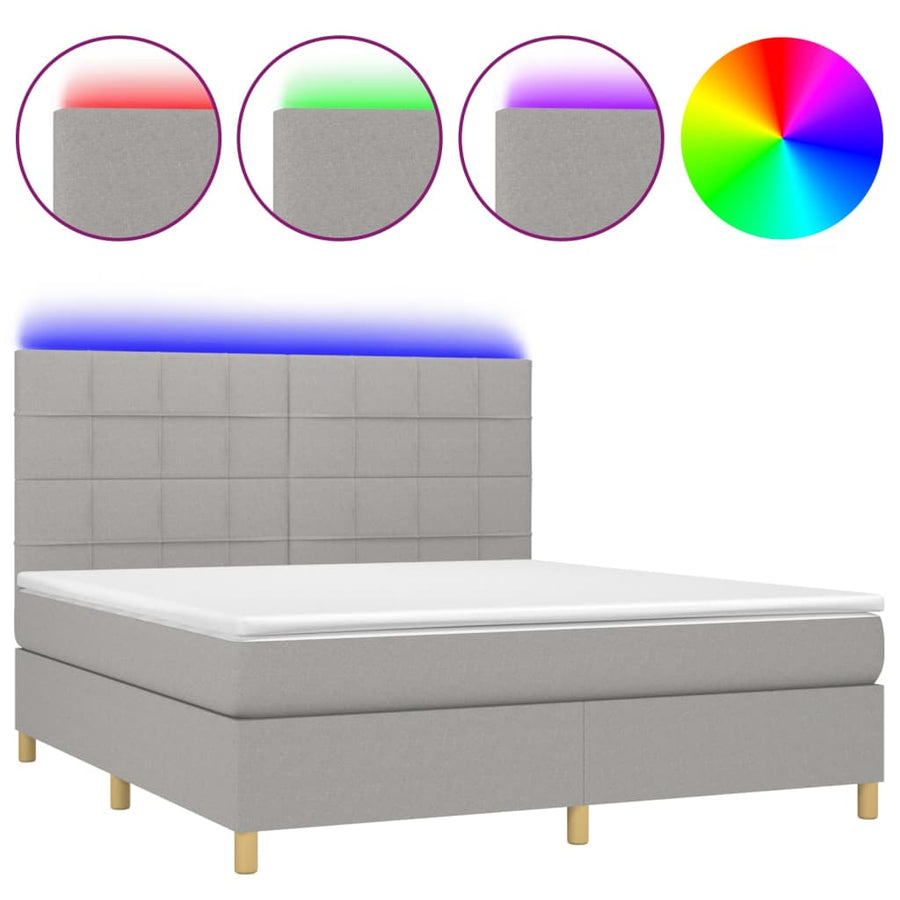 Boxspring Met Matras En Led Stof Lichtgrijs 160 x 200 cm Blok met vierkanten