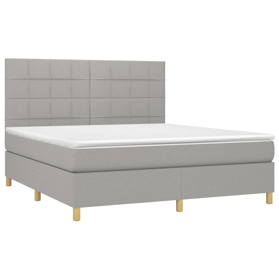 Boxspring Met Matras En Led Stof Lichtgrijs 160 x 200 cm Blok met vierkanten