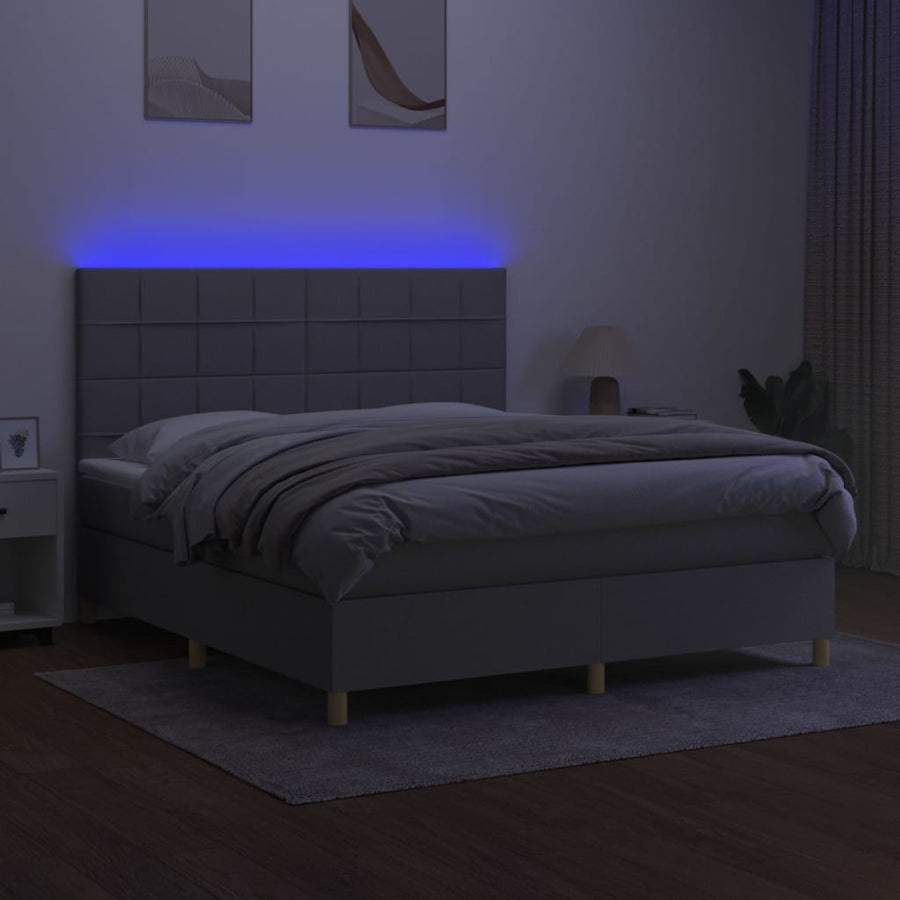 Boxspring Met Matras En Led Stof Lichtgrijs 160 x 200 cm Blok met vierkanten