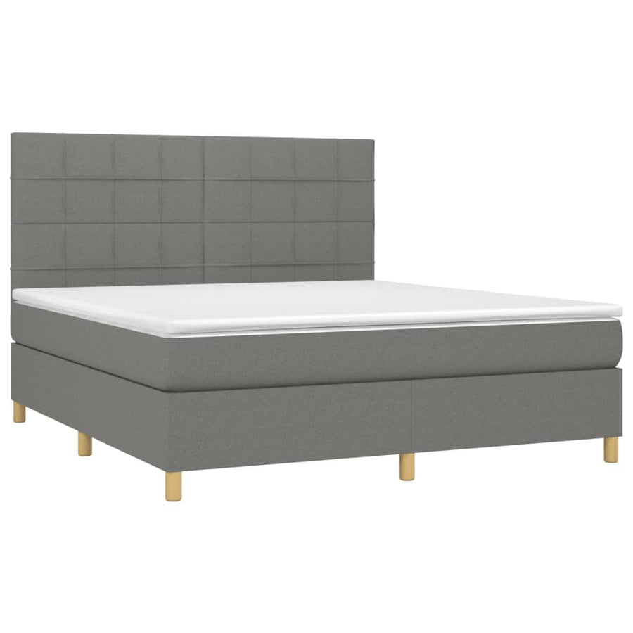 Boxspring Met Matras En Led Stof Donkergrijs 160 x 200 cm Blok met vierkanten