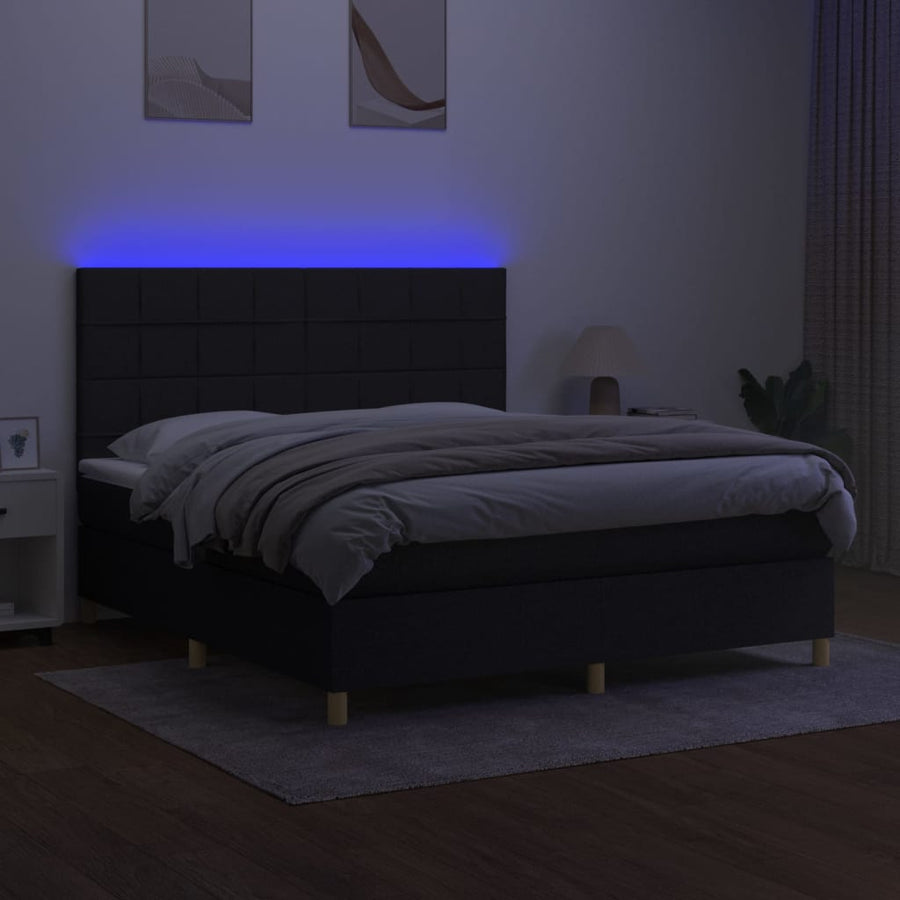 Boxspring Met Matras En Led Stof Zwart 160 x 200 cm Blok met vierkanten