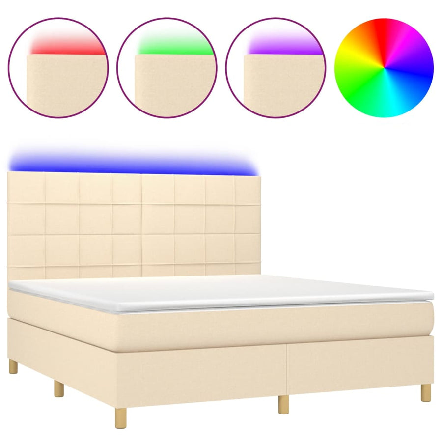Boxspring Met Matras En Led Stof Kleurig Crème 160 x 200 cm Blok met vierkanten