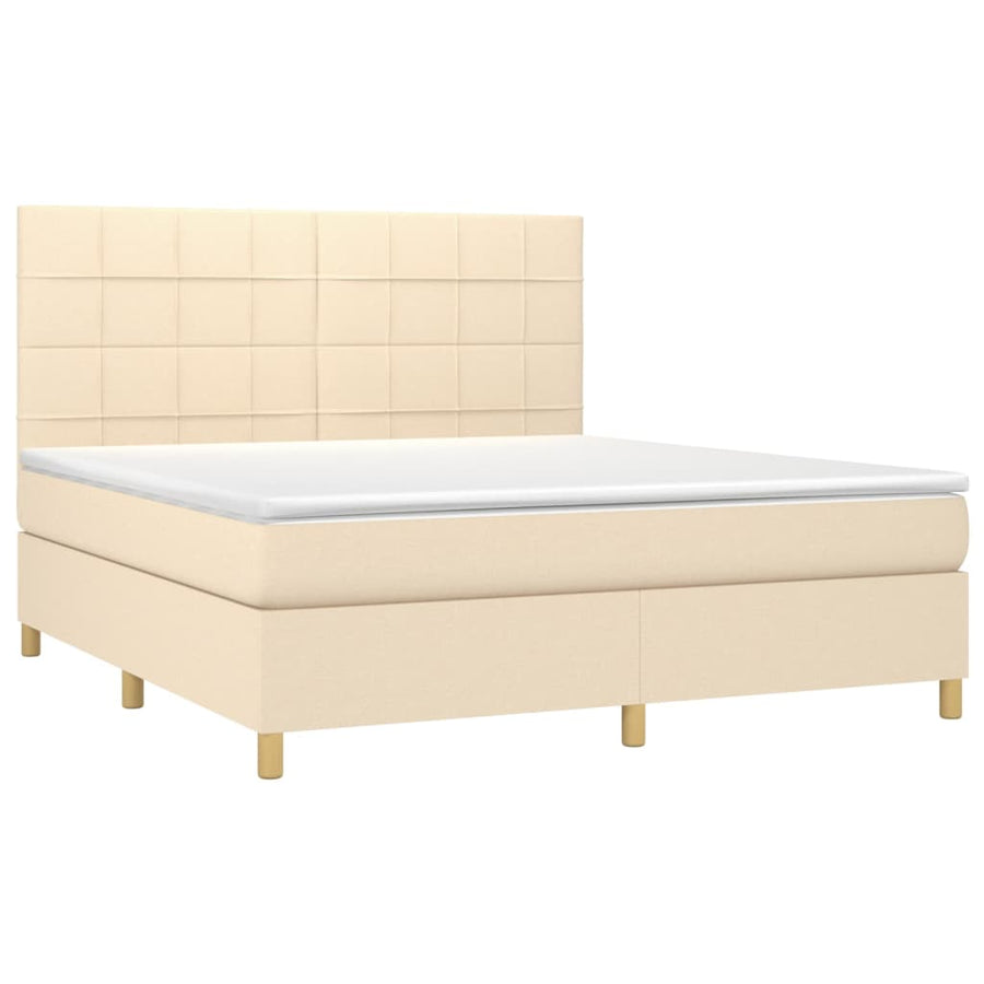 Boxspring Met Matras En Led Stof Kleurig Crème 160 x 200 cm Blok met vierkanten