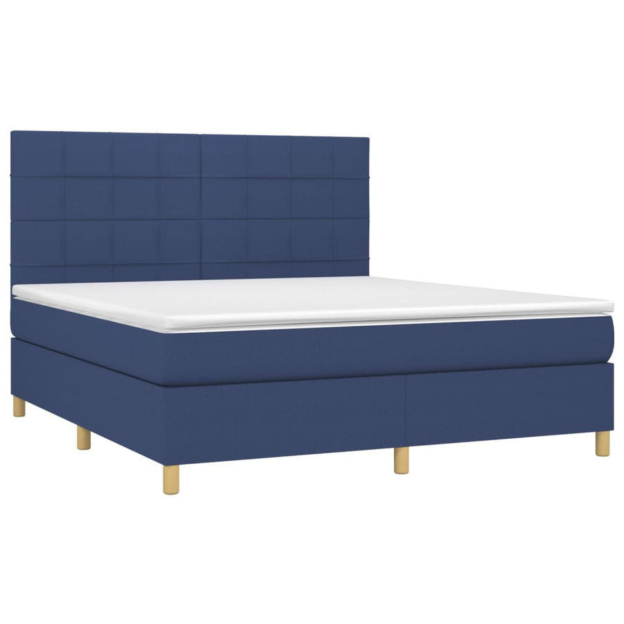 Boxspring Met Matras En Led Stof Blauw 180 x 200 cm Blok met vierkanten