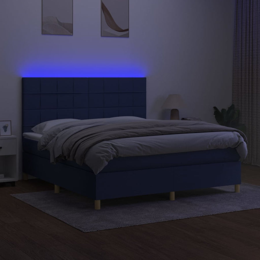 Boxspring Met Matras En Led Stof Blauw 180 x 200 cm Blok met vierkanten
