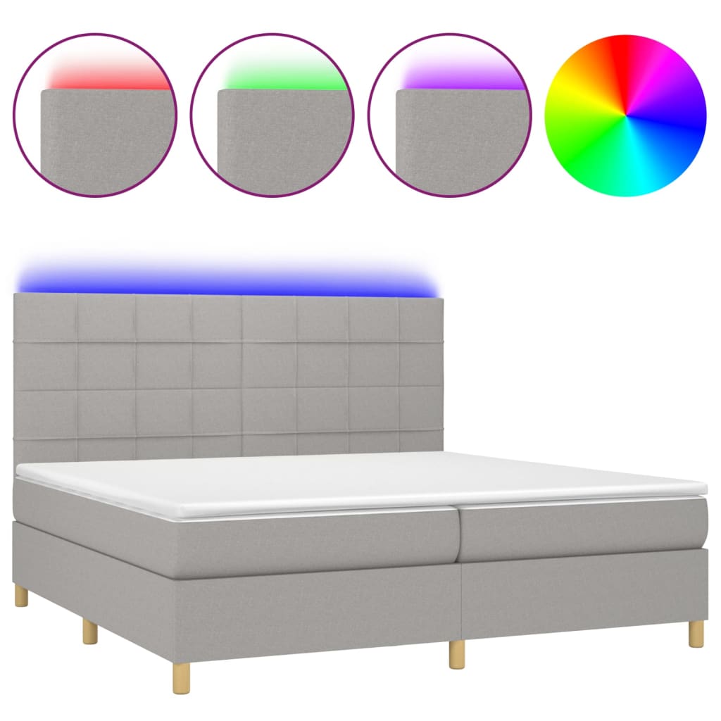 Boxspring Met Matras En Led Stof Lichtgrijs 200 x 200 cm Blok met vierkanten