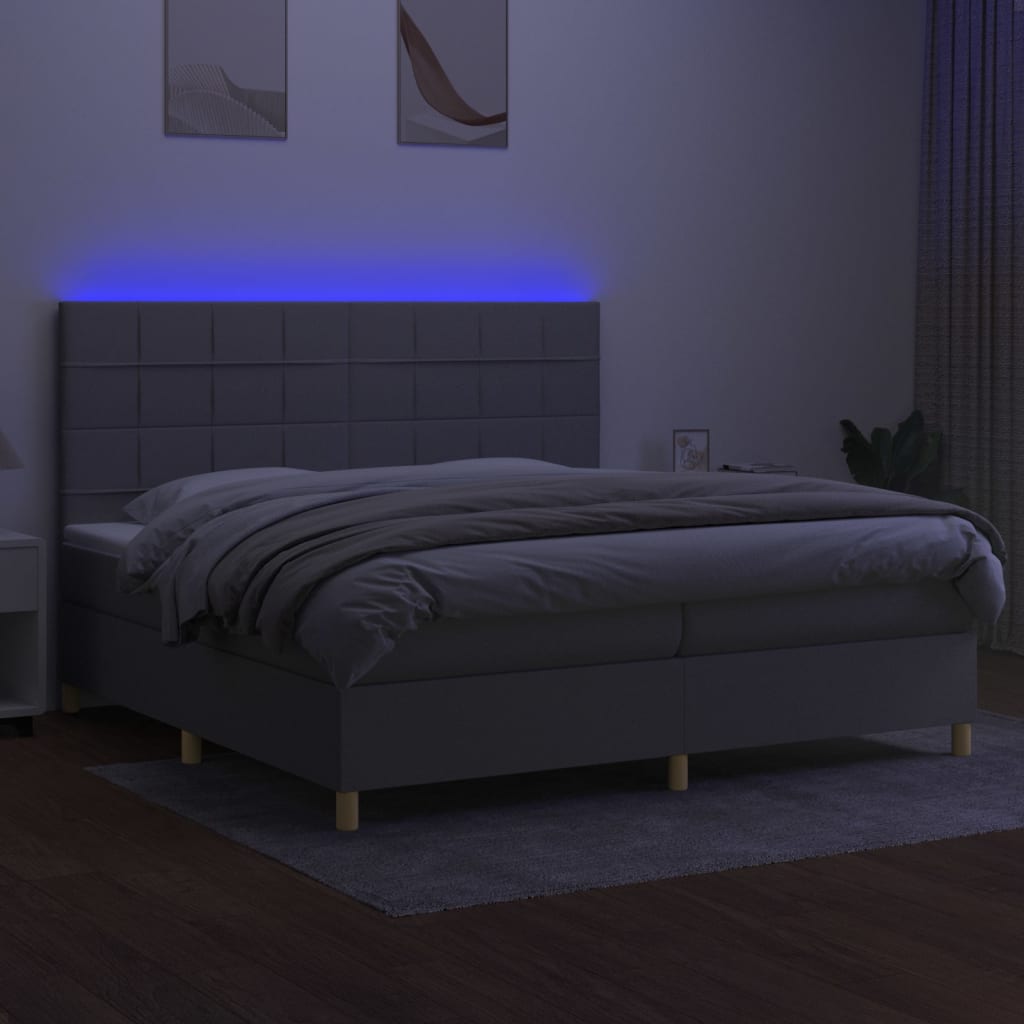 Boxspring Met Matras En Led Stof Lichtgrijs 200 x 200 cm Blok met vierkanten