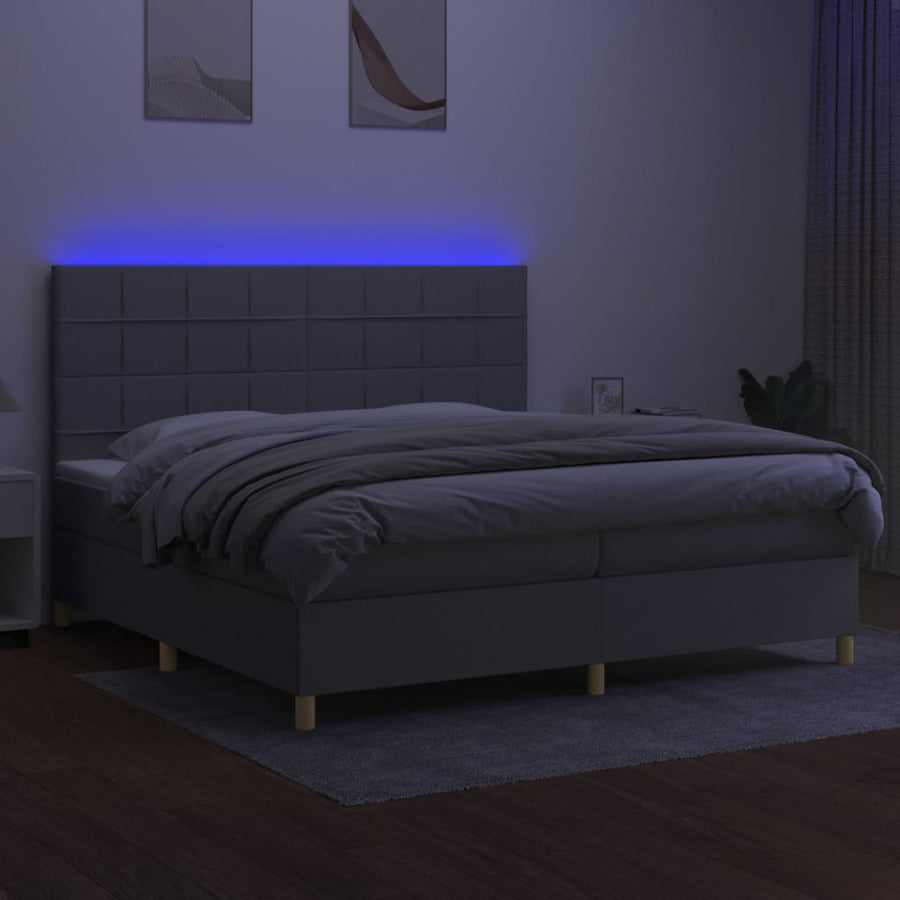 Boxspring Met Matras En Led Stof Lichtgrijs 200 x 200 cm Blok met vierkanten