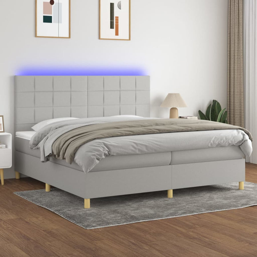 Boxspring Met Matras En Led Stof Lichtgrijs 200 x 200 cm Blok met vierkanten