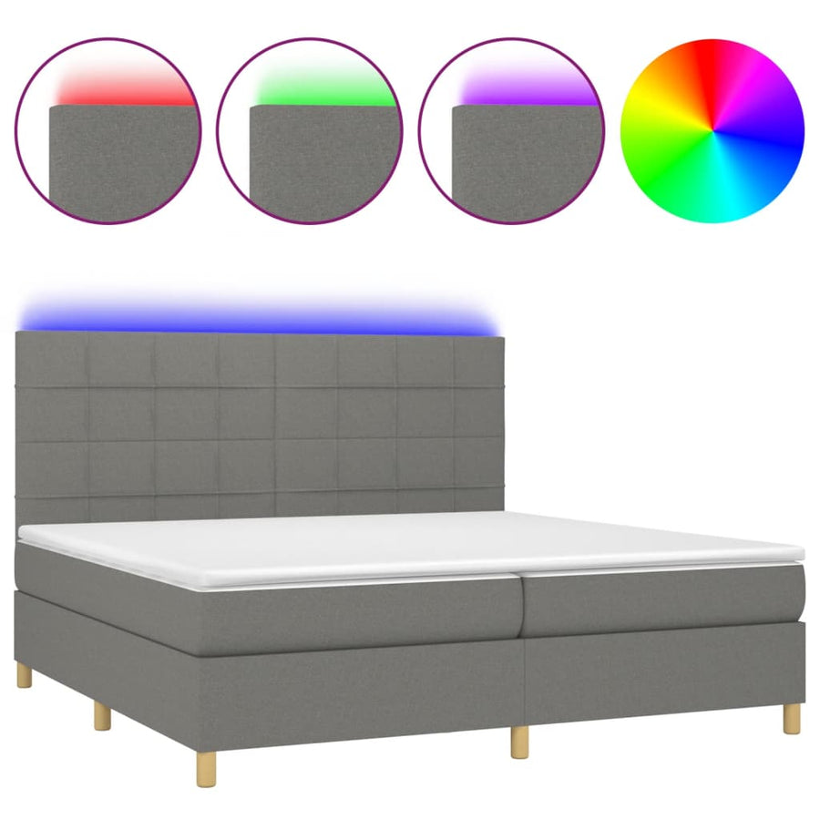 Boxspring Met Matras En Led Stof Donkergrijs 200 x 200 cm Blok met vierkanten