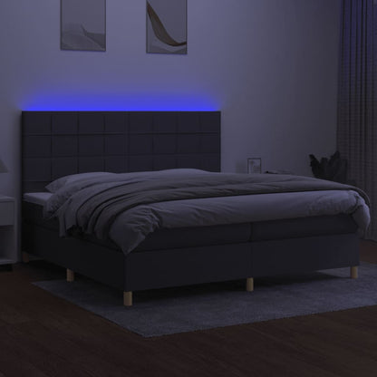 Boxspring Met Matras En Led Stof Donkergrijs 200 x 200 cm Blok met vierkanten