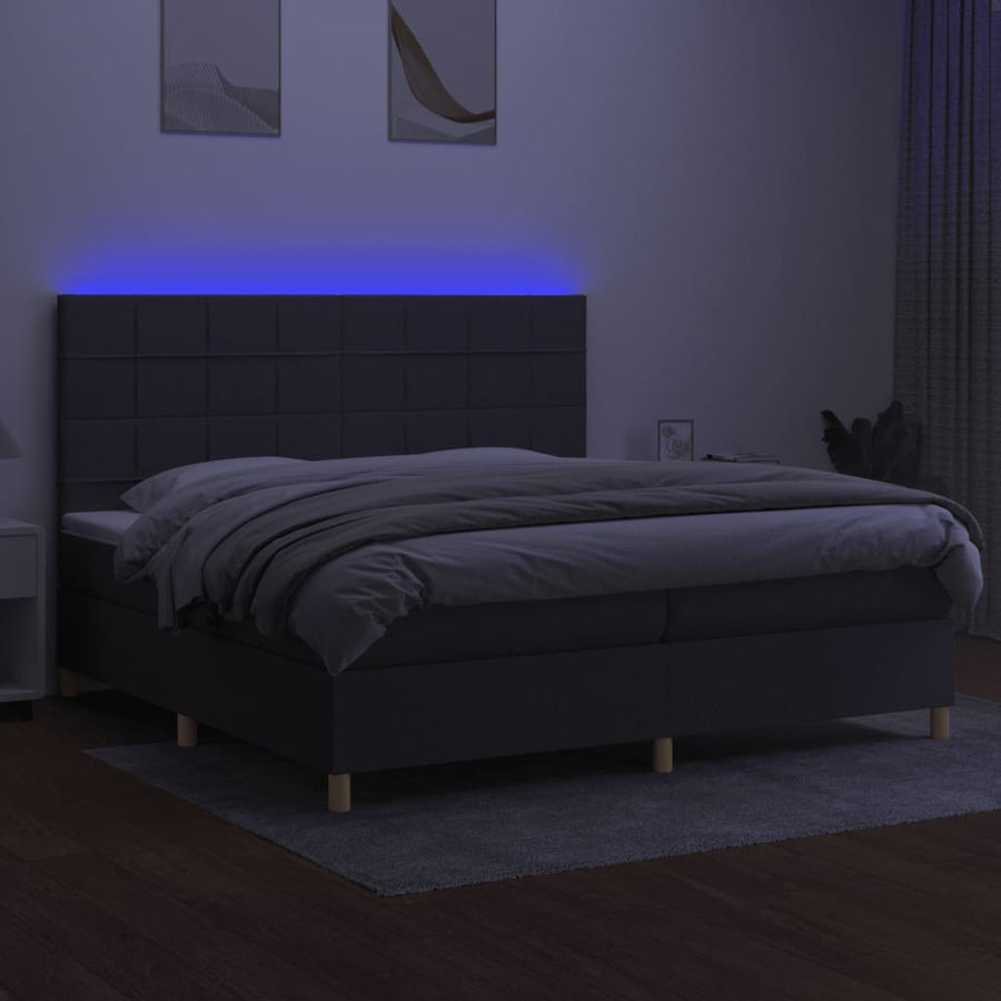 Boxspring Met Matras En Led Stof Donkergrijs 200 x 200 cm Blok met vierkanten