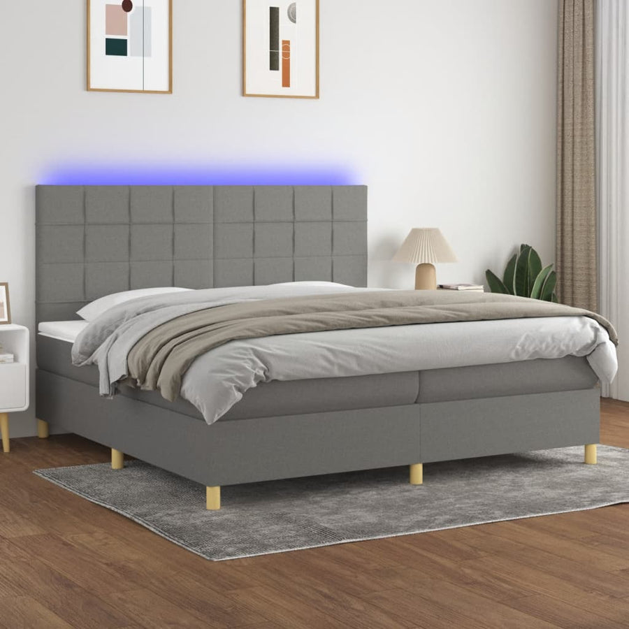 Boxspring Met Matras En Led Stof Donkergrijs 200 x 200 cm Blok met vierkanten