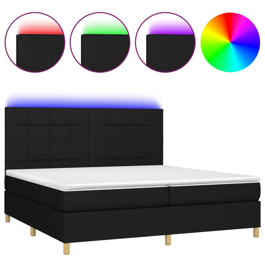 Boxspring Met Matras En Led Stof Zwart 200 x 200 cm Blok met vierkanten