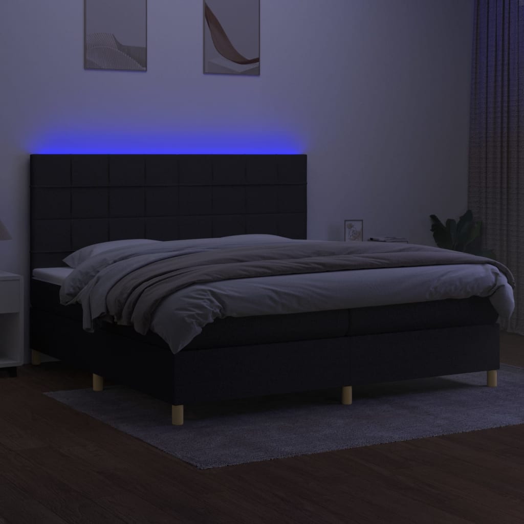 Boxspring Met Matras En Led Stof Zwart 200 x 200 cm Blok met vierkanten