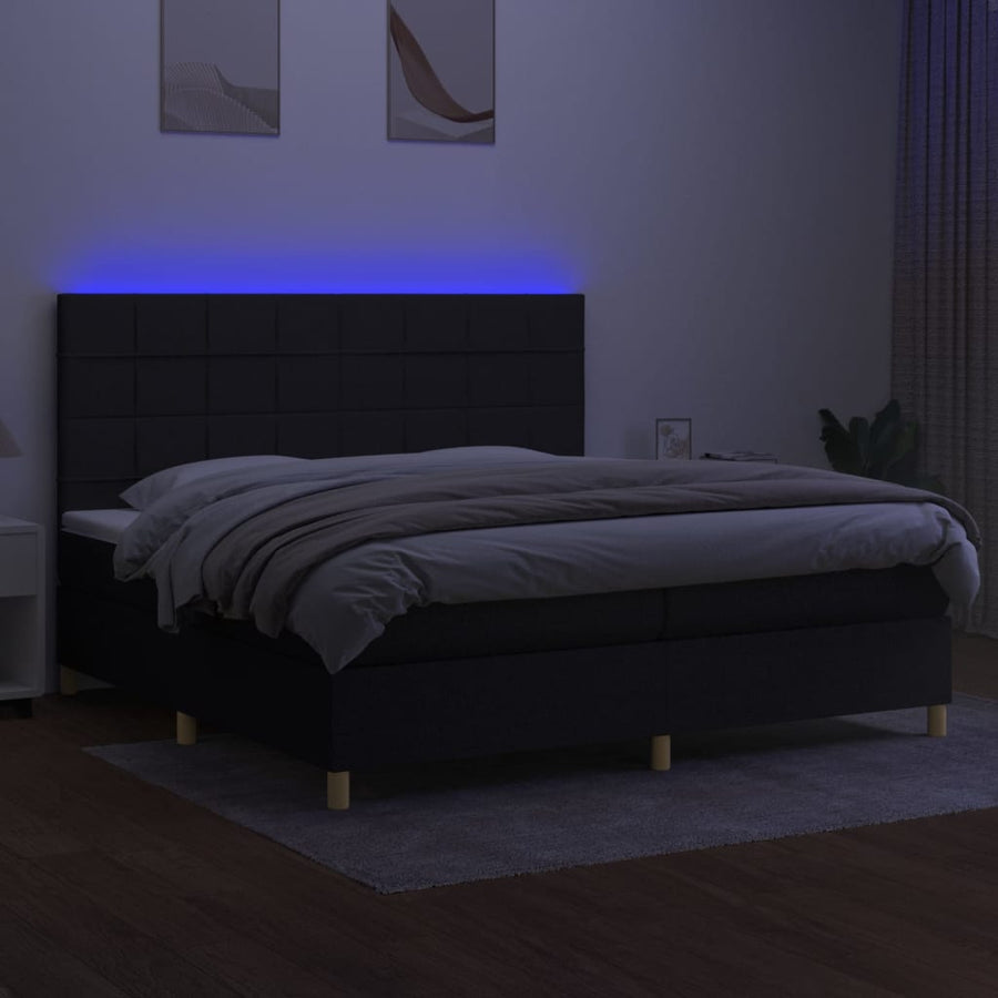 Boxspring Met Matras En Led Stof Zwart 200 x 200 cm Blok met vierkanten