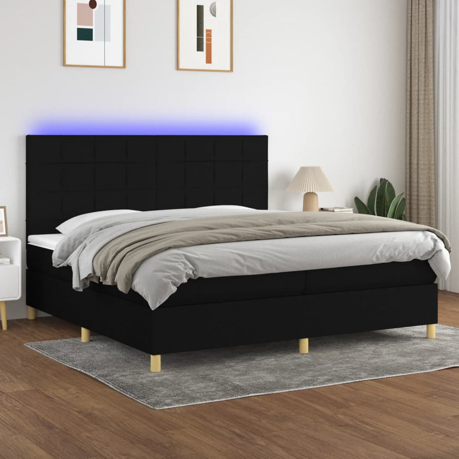Boxspring Met Matras En Led Stof Zwart 200 x 200 cm Blok met vierkanten