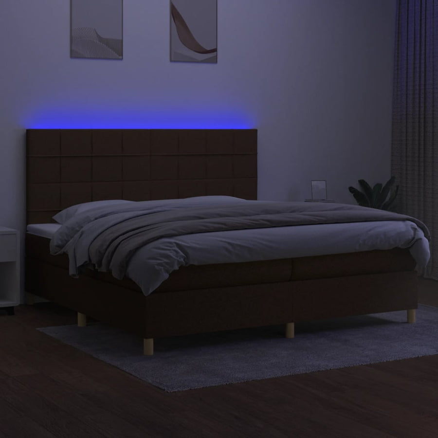 Boxspring Met Matras En Led Stof Donkerbruin 200 x 200 cm Blok met vierkanten