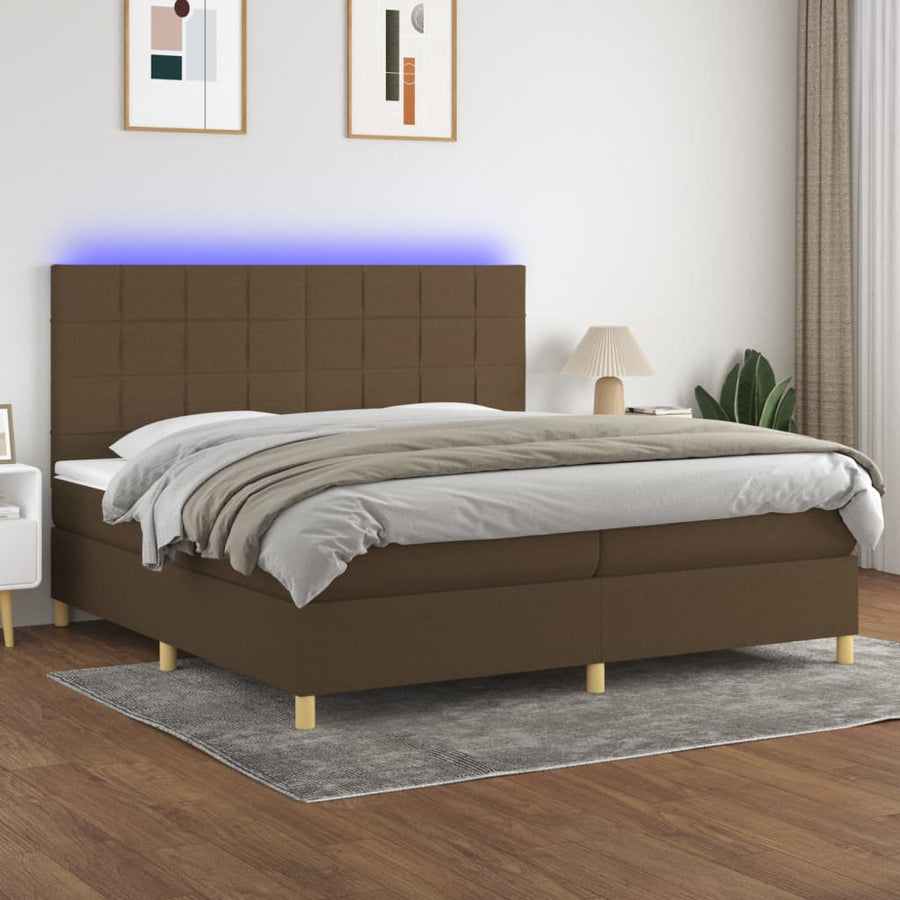 Boxspring Met Matras En Led Stof Donkerbruin 200 x 200 cm Blok met vierkanten