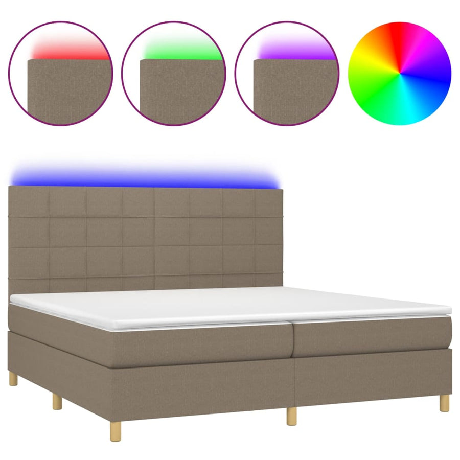 Boxspring Met Matras En Led Stof Taupe 200 x 200 cm Blok met vierkanten
