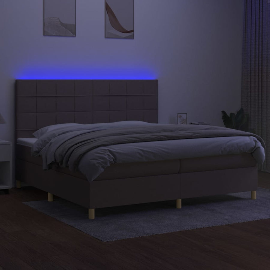 Boxspring Met Matras En Led Stof Taupe 200 x 200 cm Blok met vierkanten