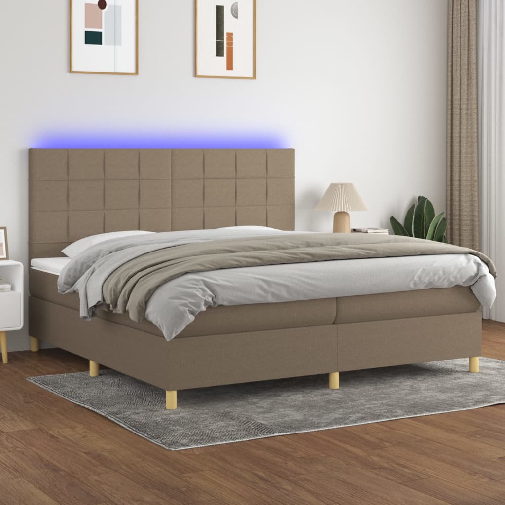 Boxspring Met Matras En Led Stof Taupe 200 x 200 cm Blok met vierkanten