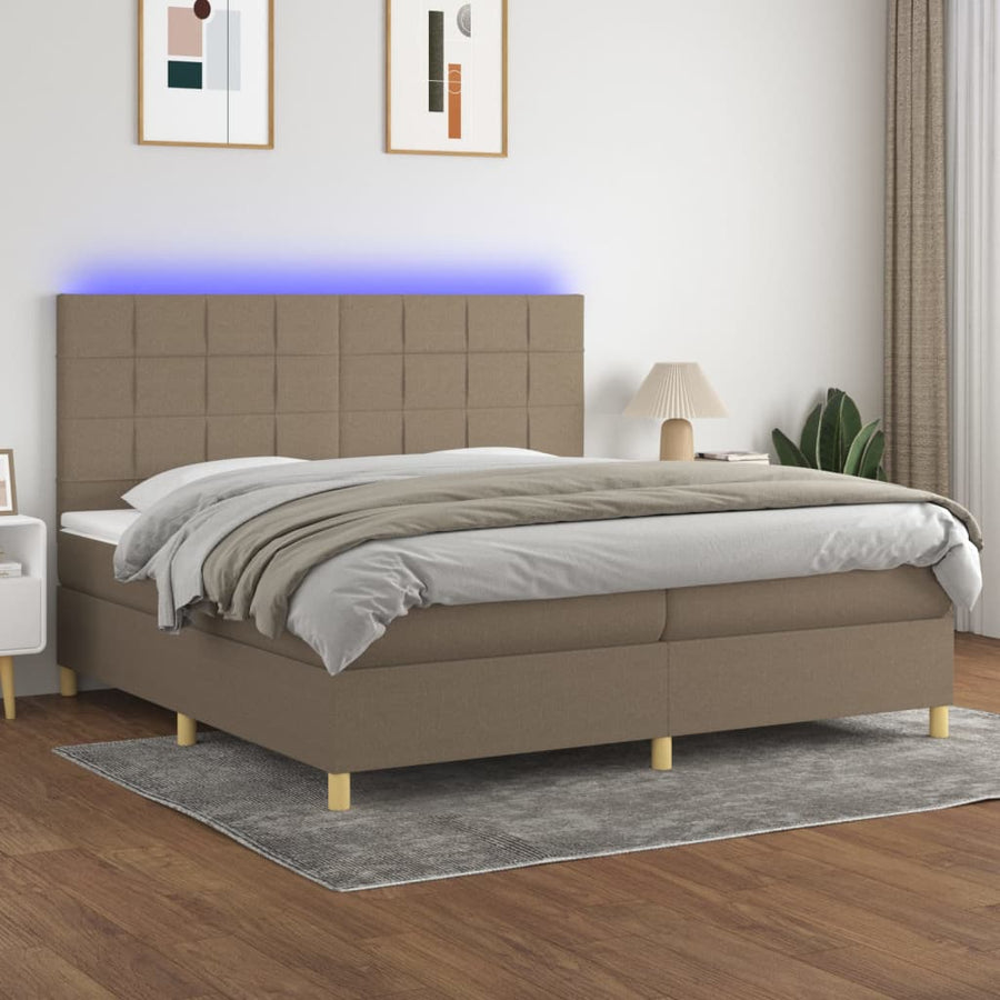 Boxspring Met Matras En Led Stof Taupe 200 x 200 cm Blok met vierkanten
