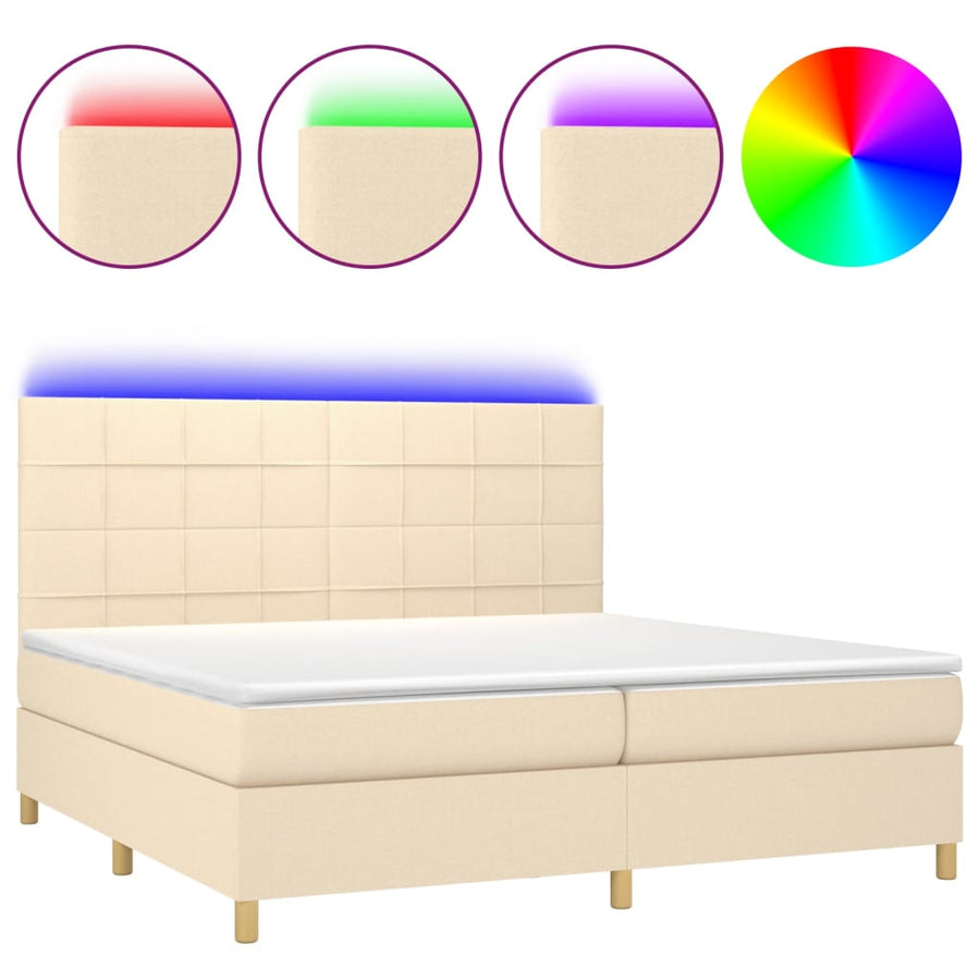 Boxspring met matras en LED stof crèmekleurig 200x200 cm 200 x 200 cm Blok met vierkanten