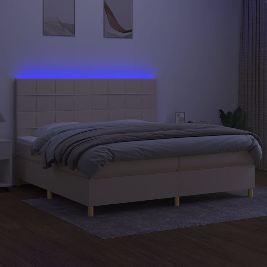 Boxspring met matras en LED stof crèmekleurig 200x200 cm 200 x 200 cm Blok met vierkanten