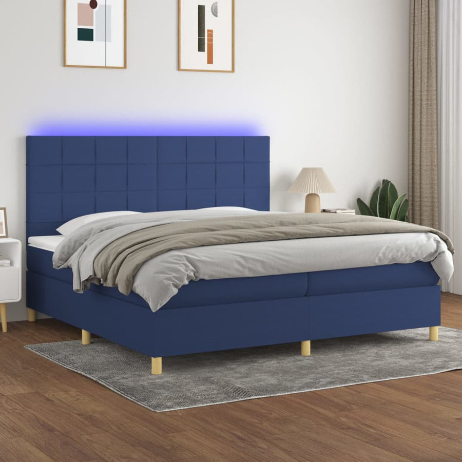 Boxspring Met Matras En Led Stof Blauw 200 x 200 cm Blok met vierkanten