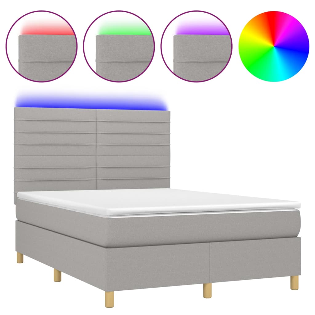 Boxspring Met Matras En Led Stof Lichtgrijs 140 x 190 cm Horizontale strepen