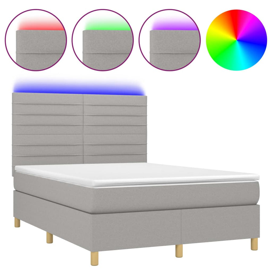 Boxspring Met Matras En Led Stof Lichtgrijs 140 x 190 cm Horizontale strepen