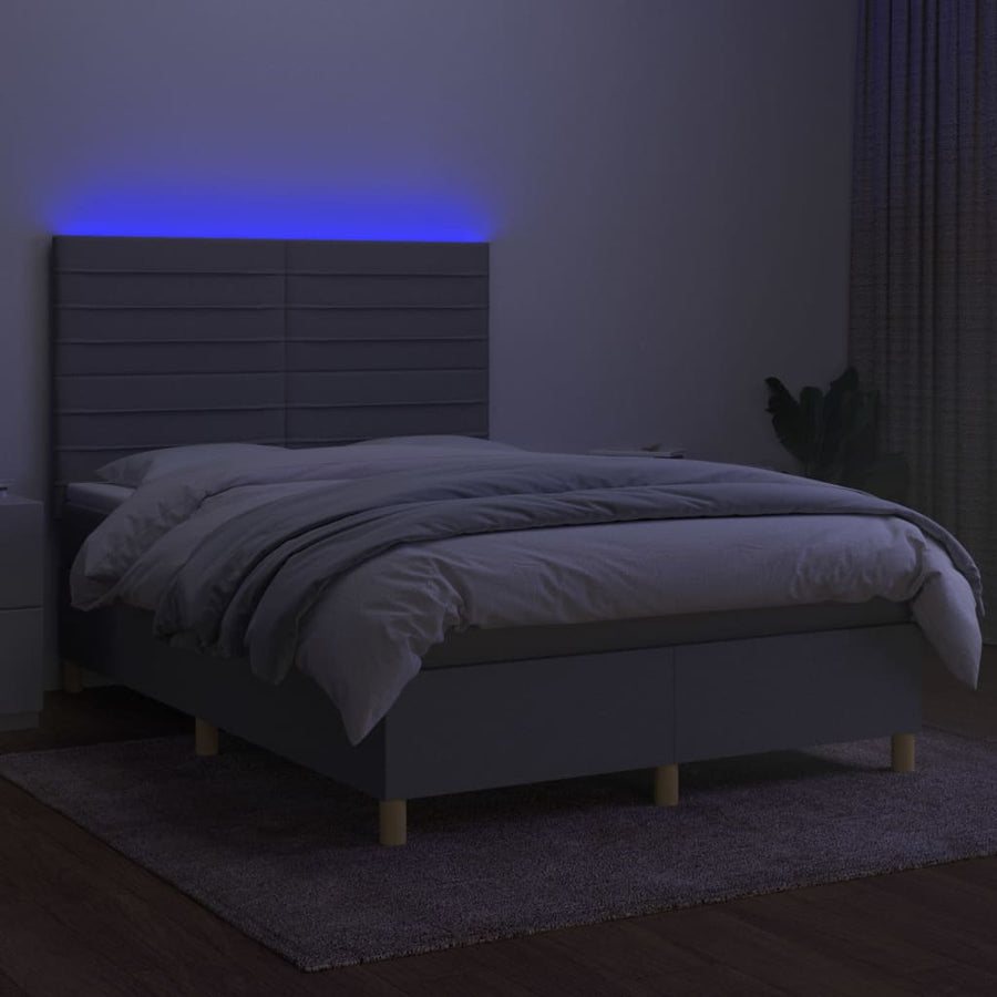 Boxspring Met Matras En Led Stof Lichtgrijs 140 x 190 cm Horizontale strepen