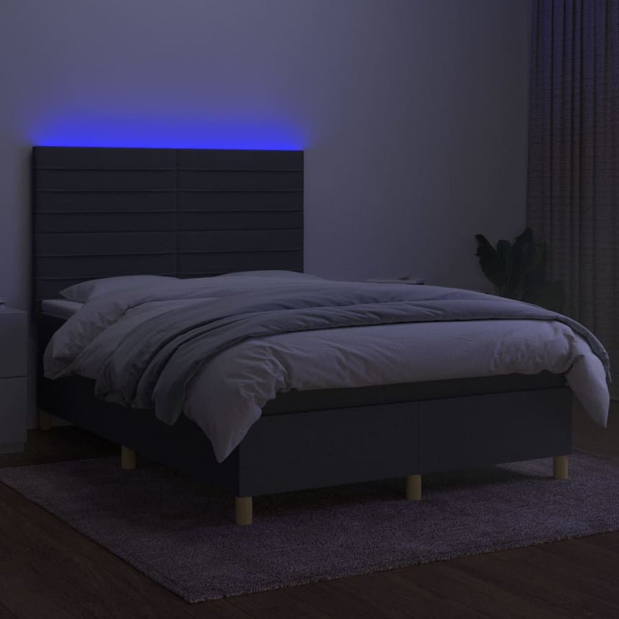 Boxspring Met Matras En Led Stof Donkergrijs 140 x 190 cm Horizontale strepen