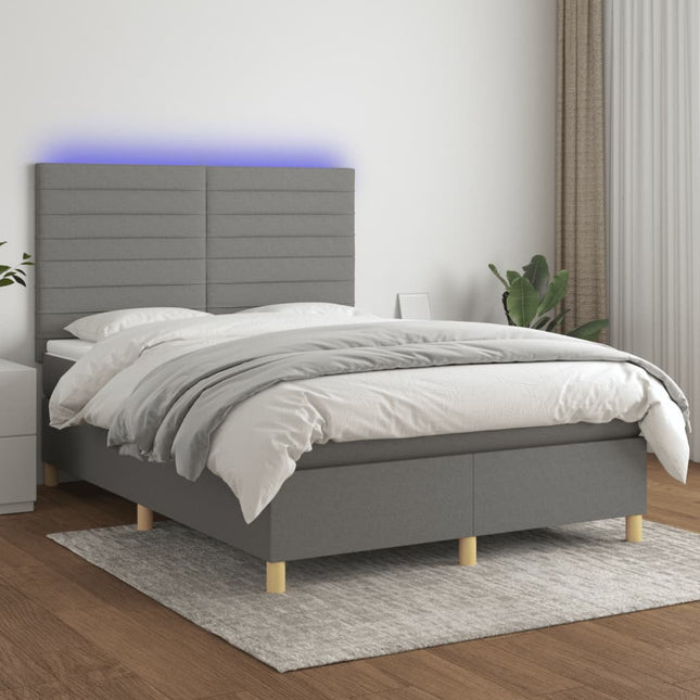 Boxspring Met Matras En Led Stof Donkergrijs 140 x 190 cm Horizontale strepen