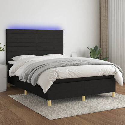 Boxspring Met Matras En Led Stof Zwart 140 x 190 cm Horizontale strepen